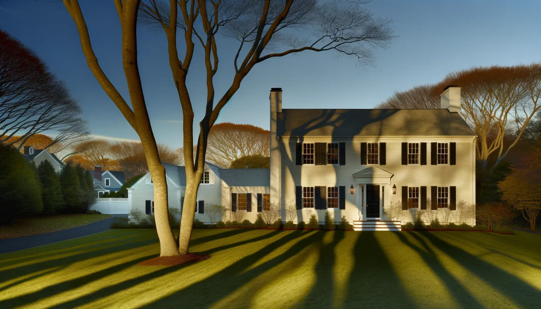 Rendered Colonial house with a centre entry and shuttered windows, bare branches in the foreground