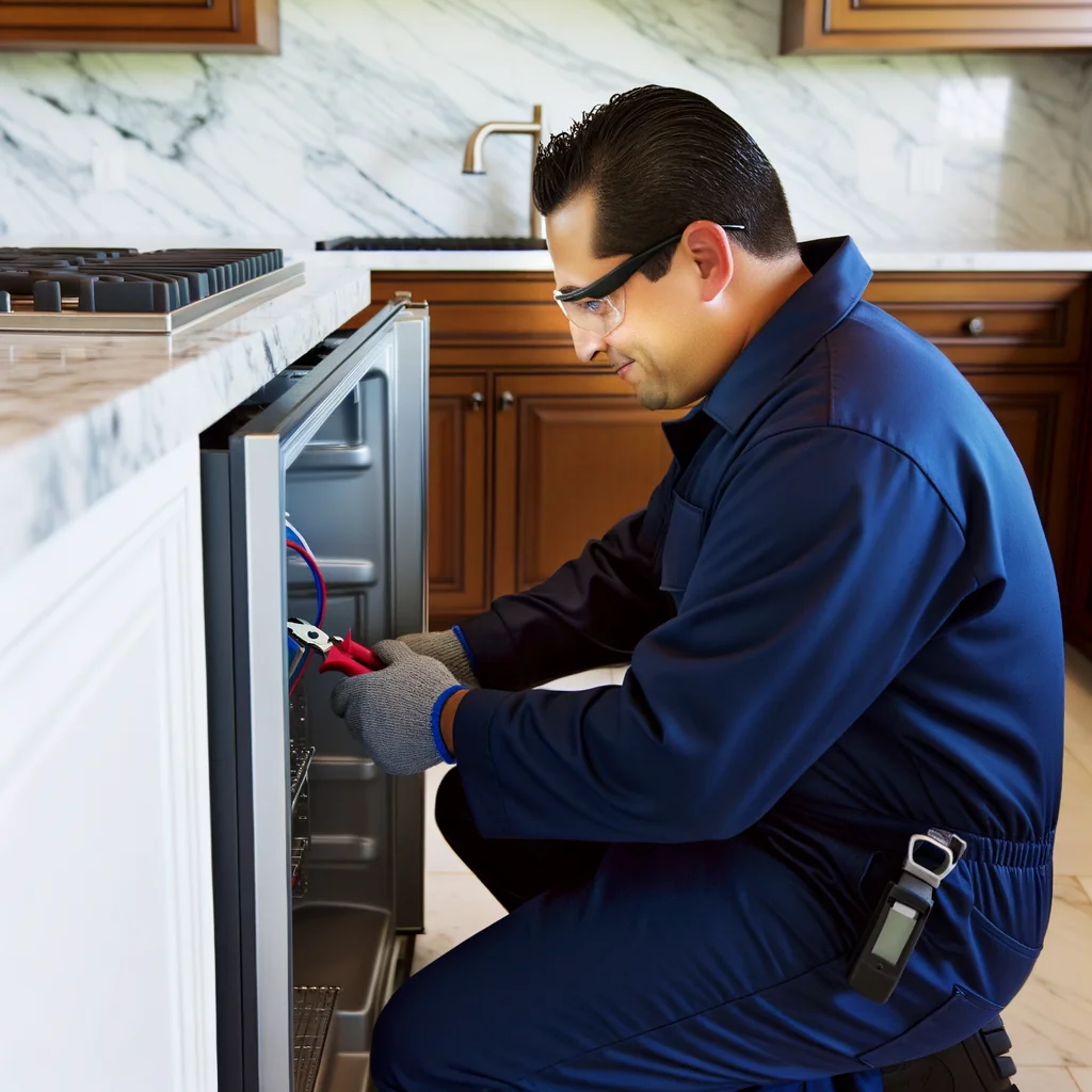 Professional technician repairing Sub-Zero refrigerator compressor